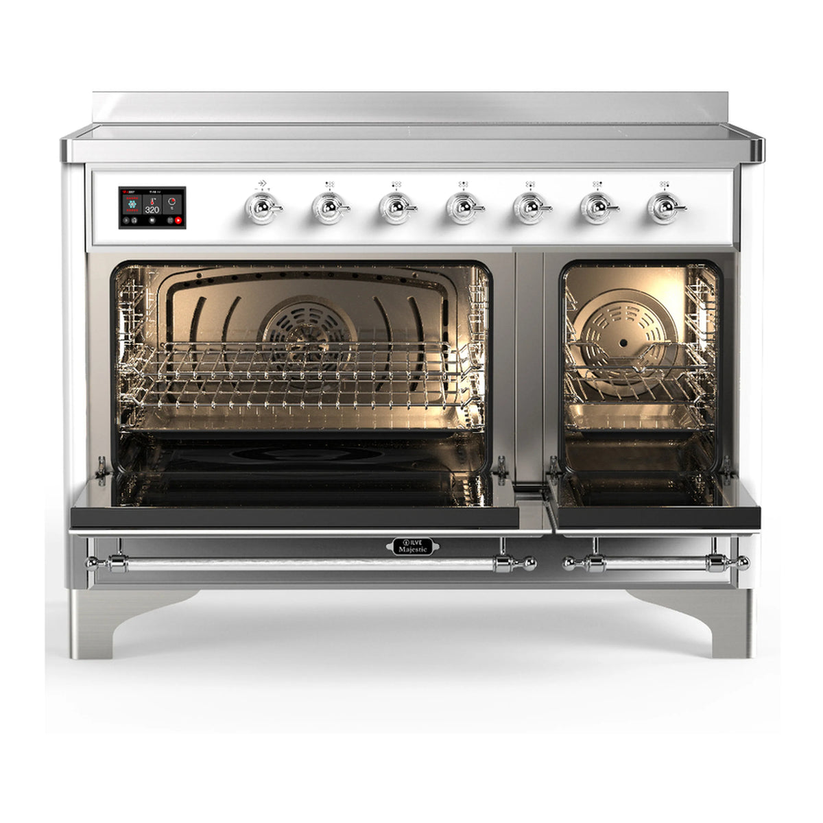White induction range with chrome trim, oven door open showing racks and interior heating elements