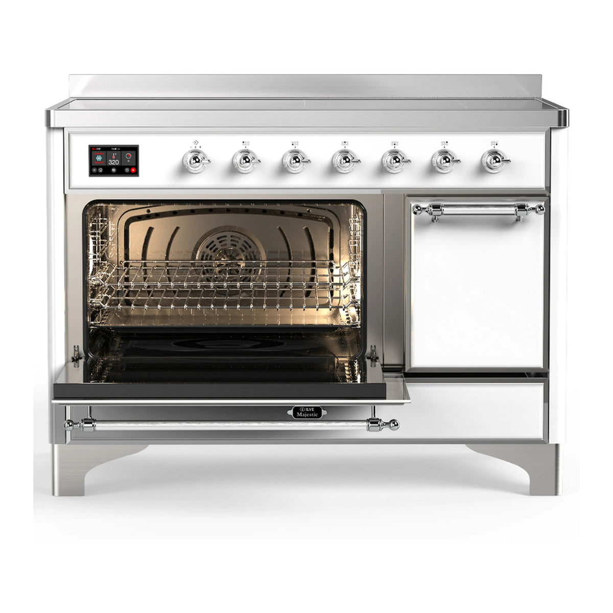 White induction range with chrome trim, oven door open with visible racks and burners