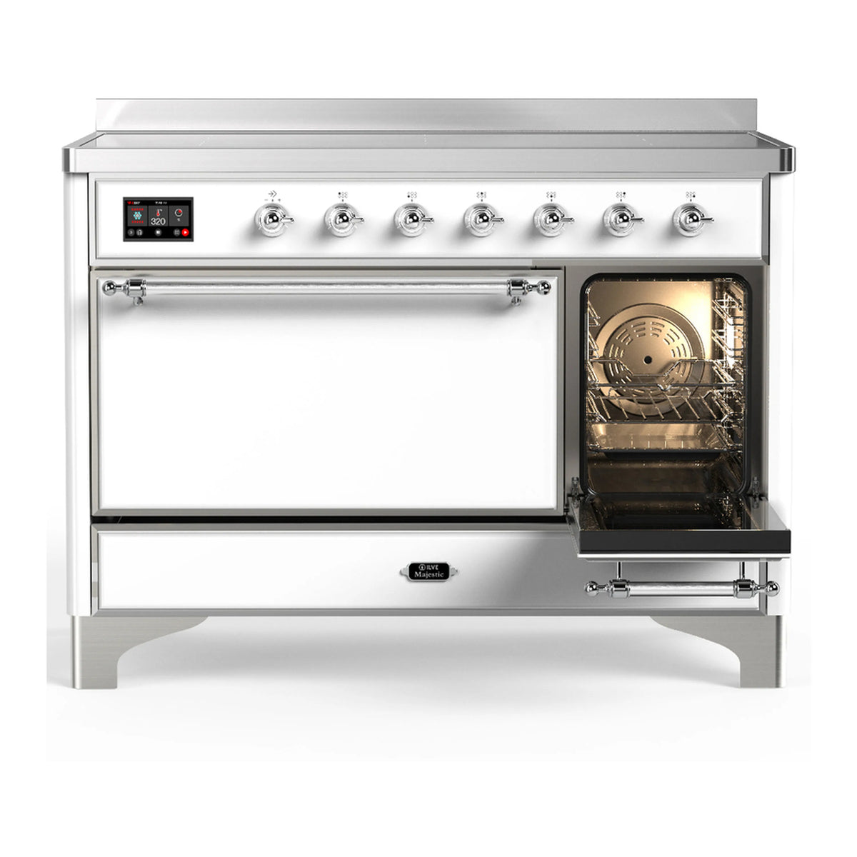 White induction range with chrome trim, oven door open and warming compartment visible below
