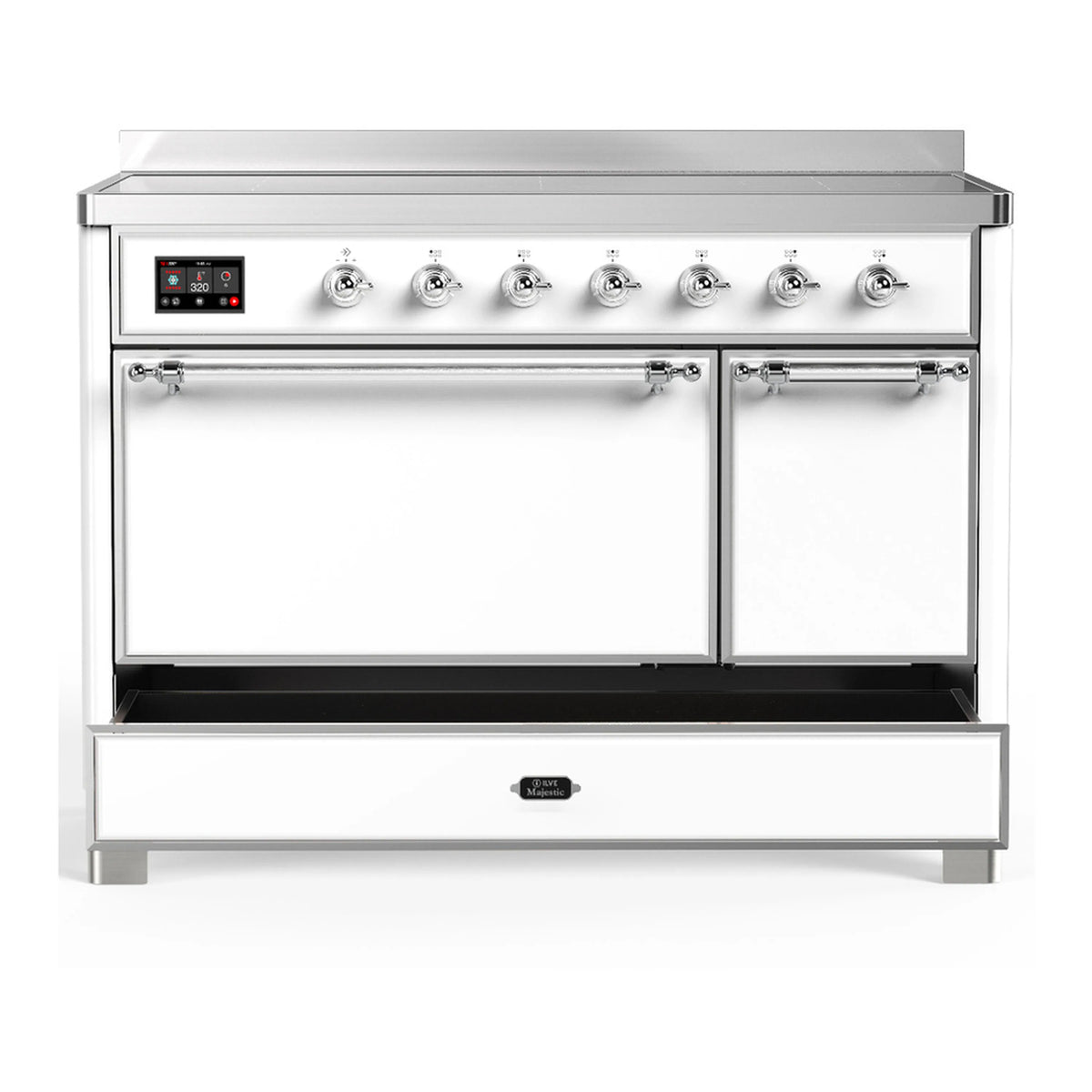 White 48-inch induction range with chrome trim, cooktop controls and two closed oven doors