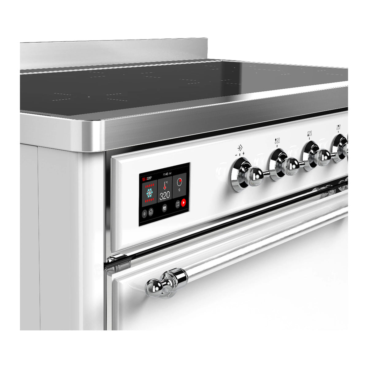 Close-up of chrome control knobs and digital display on a white induction range