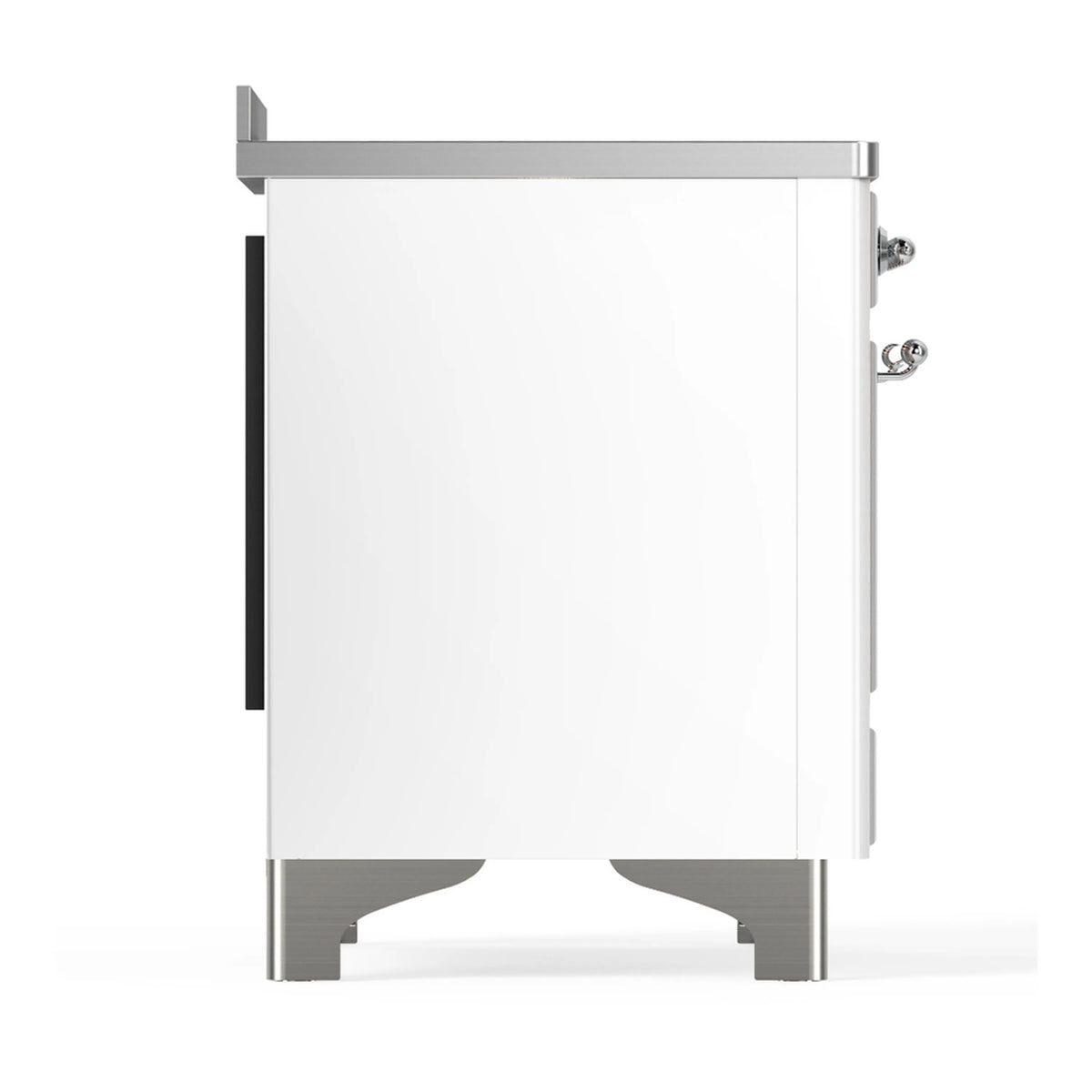 White oven door on a chrome-trim induction range with side hinge hardware visible