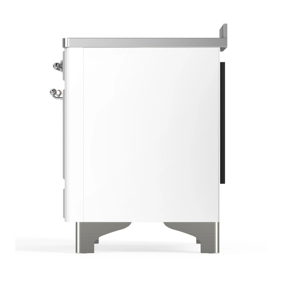 Side view of a white induction range oven door with chrome legs and hinge details