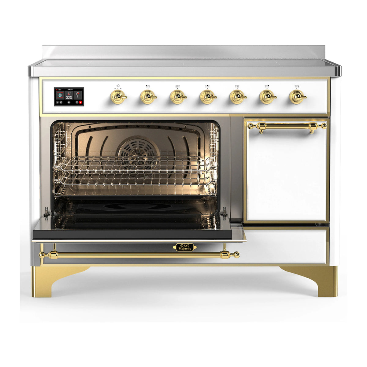 White induction range with open oven door, brass-trimmed handle, and front control knobs.