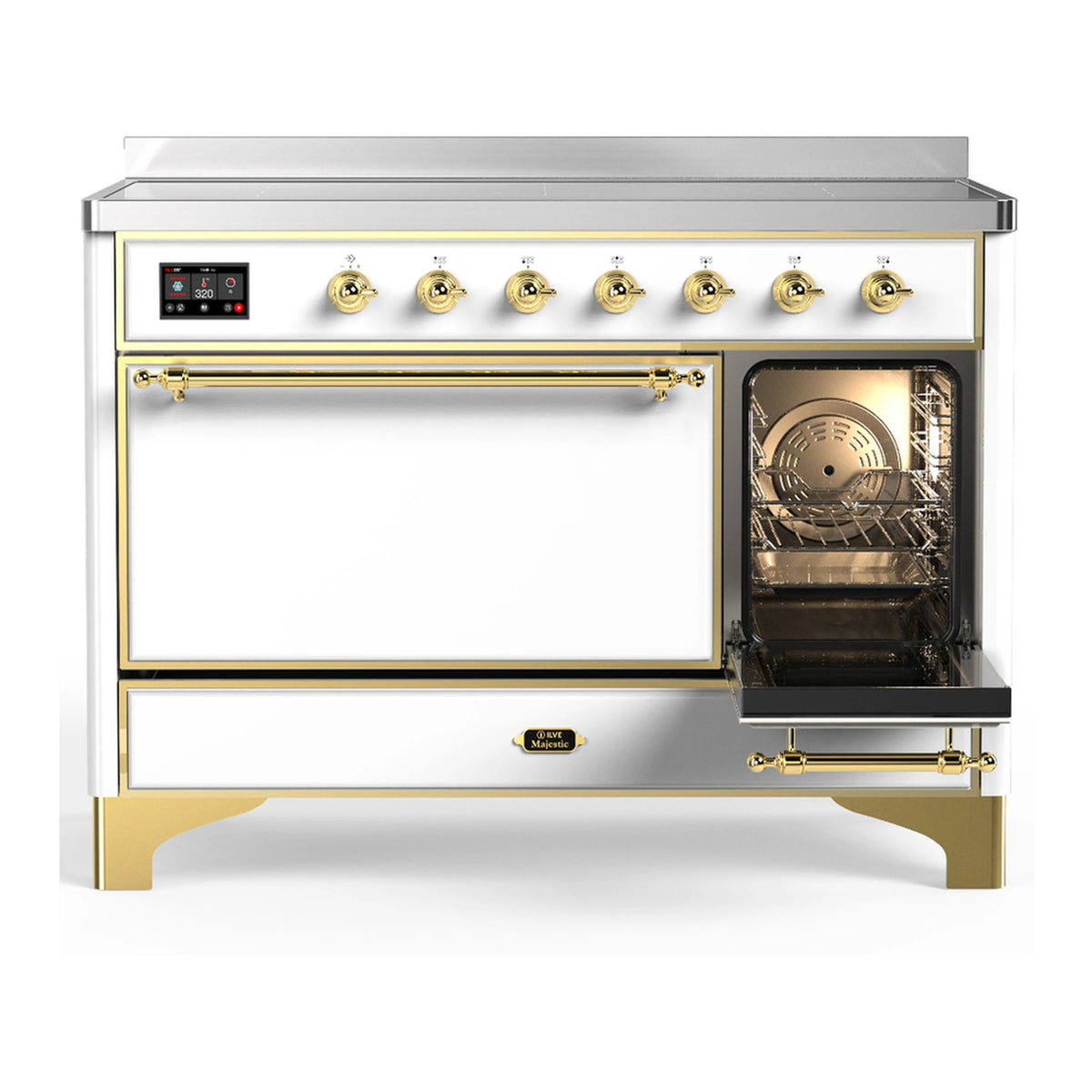 White induction range with open oven window and brass-trimmed drawer handle and controls.
