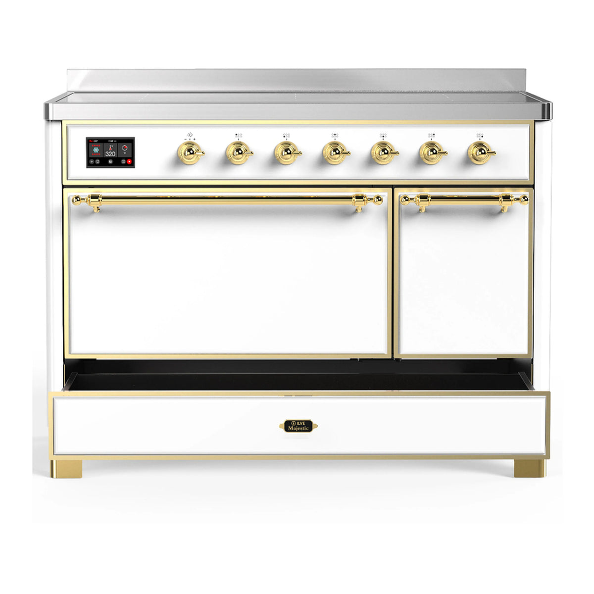 White induction range front view with two oven doors and brass-trimmed control panel.