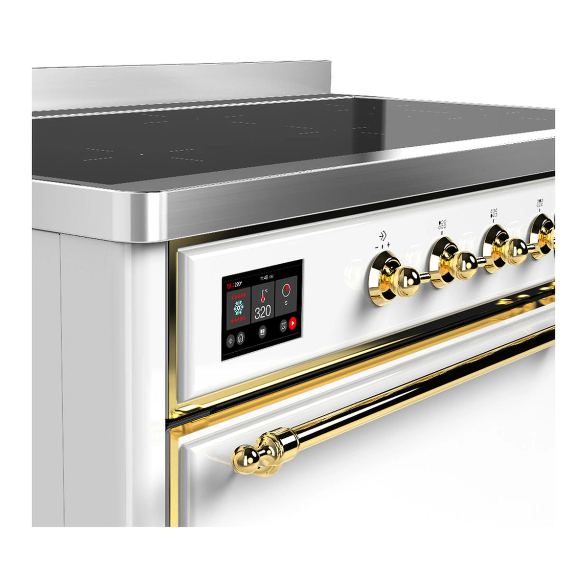 White induction range side detail with digital control panel and brass knob handles.