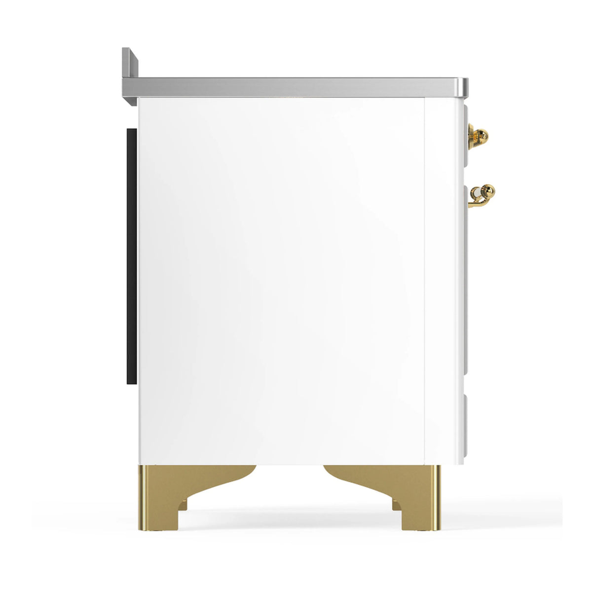 White induction range side view with solid oven door and brass-trimmed base legs.