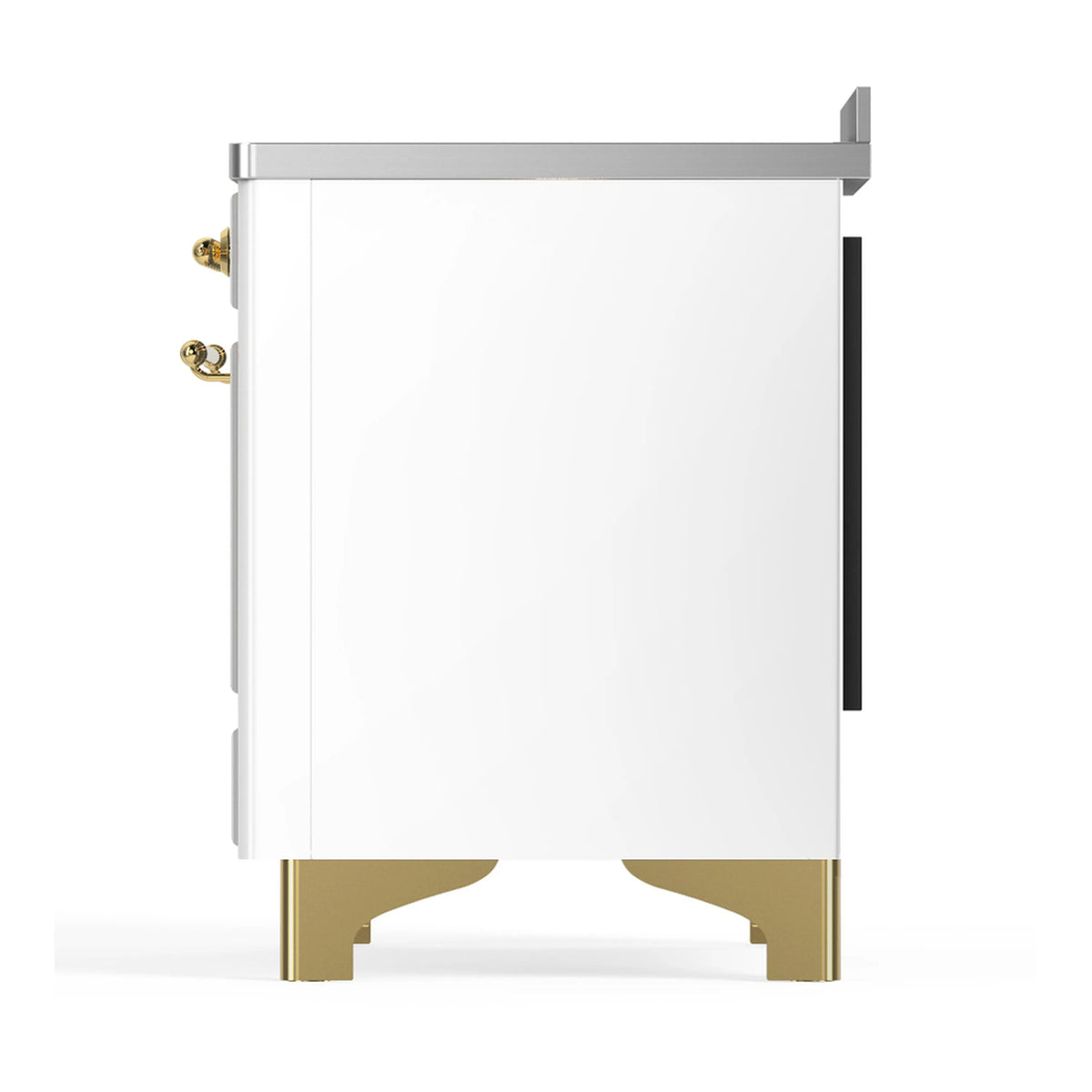 White induction range side view with solid oven door and brass-trimmed feet.