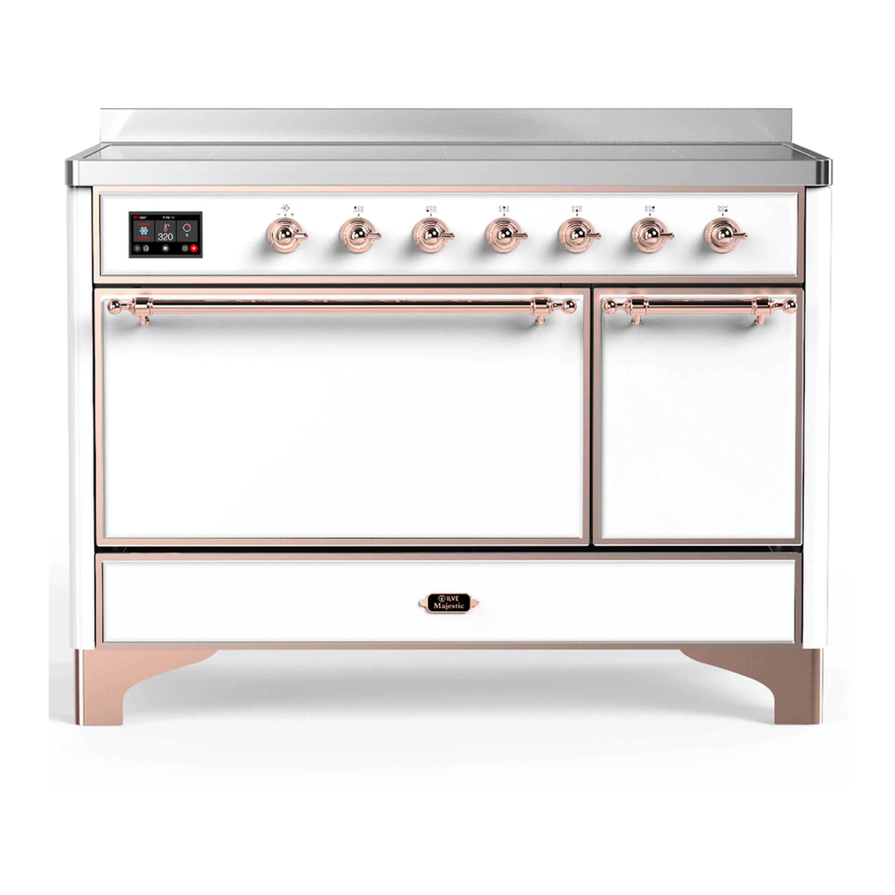 White induction range with copper trim, knob control panel, and dual cabinet doors