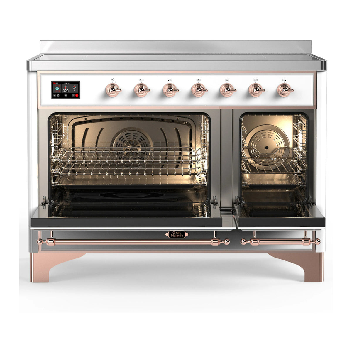 White induction range with copper trim, oven doors open to reveal two heated ovens