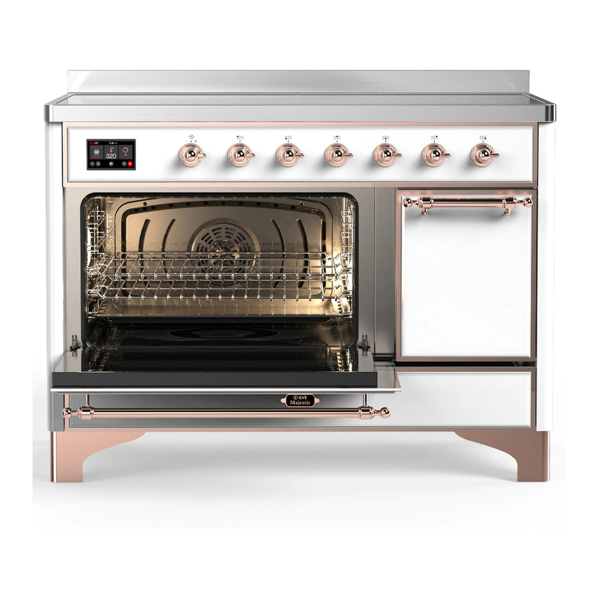 White induction range with copper trim, left oven door open showing racks and interior fan