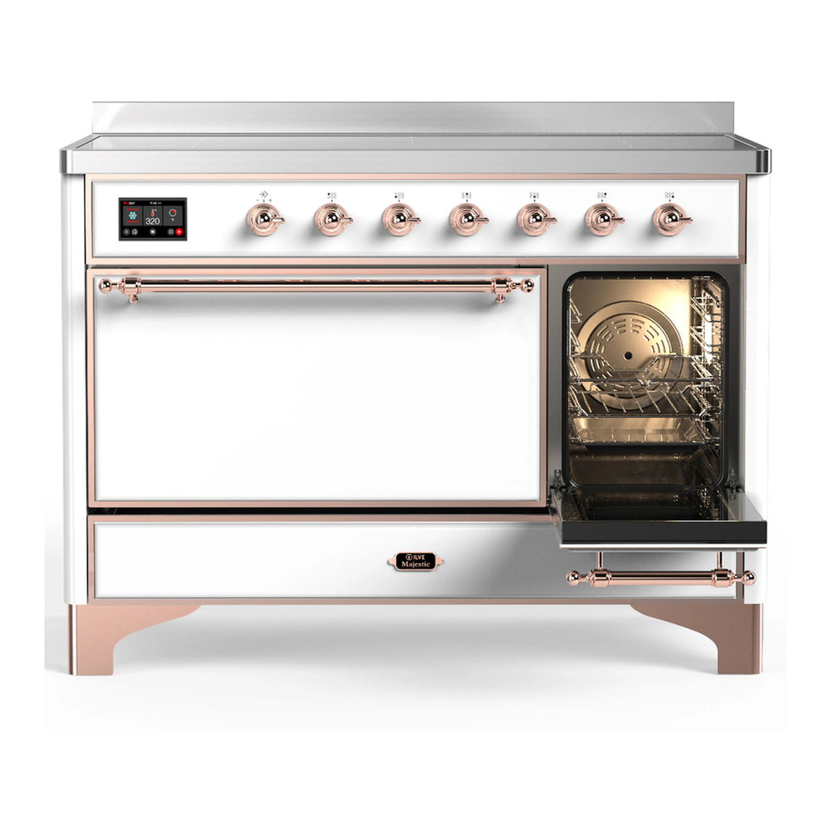 White induction range with copper trim, right oven door open with visible oven rack