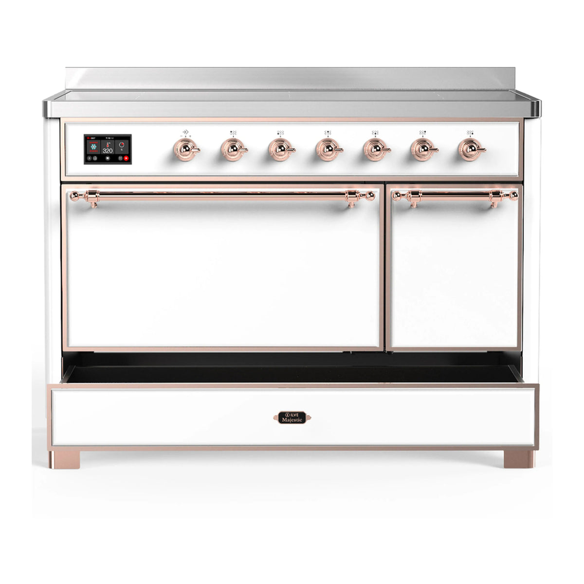 White induction range with copper trim, oven doors closed and control panel with knobs