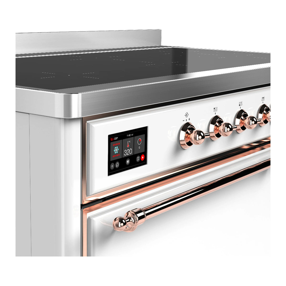 Control panel with digital display and copper-trimmed induction knobs on white range