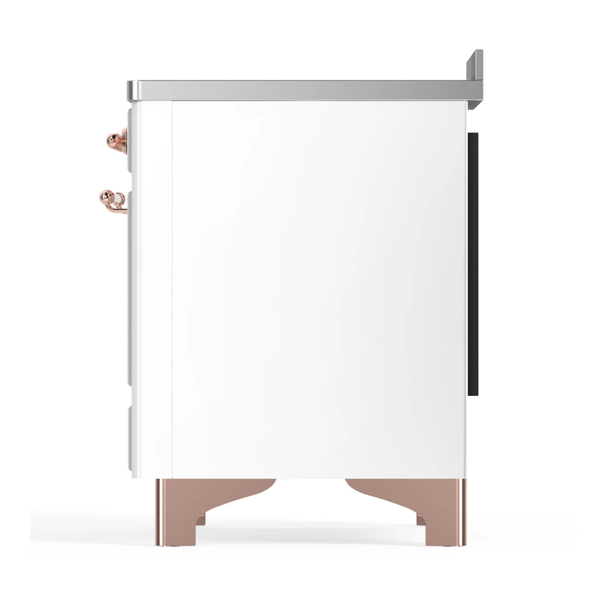 White induction range end panel with copper base trim and side mounting hardware