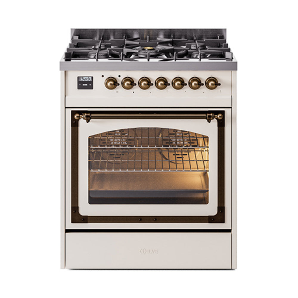 Antique white dual fuel range with oven door open, interior racks and heating element