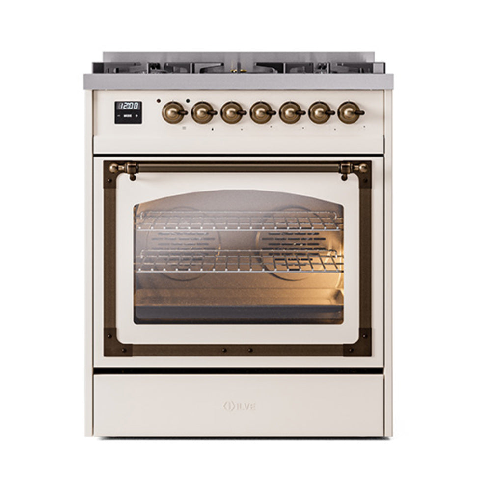 Antique white dual fuel range with bronze-trim oven window and control knobs