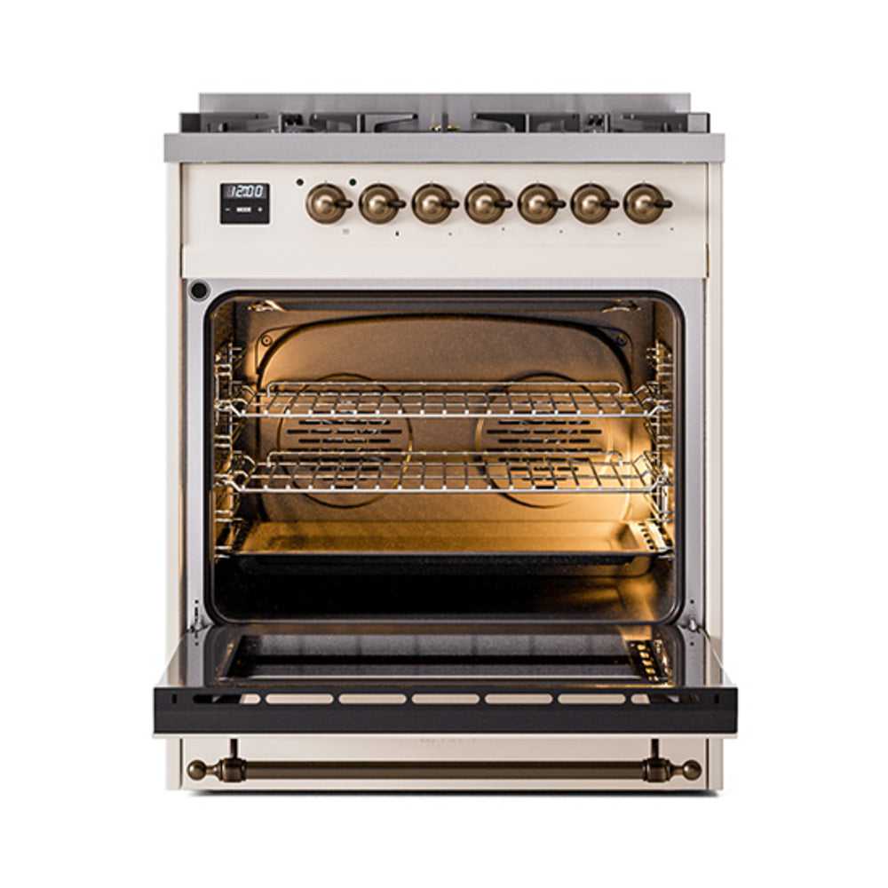 Antique white dual fuel range with triple-glass oven door open, racks visible