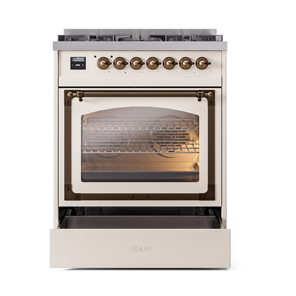 Antique white range with closed oven door glass and bronze control knobs.