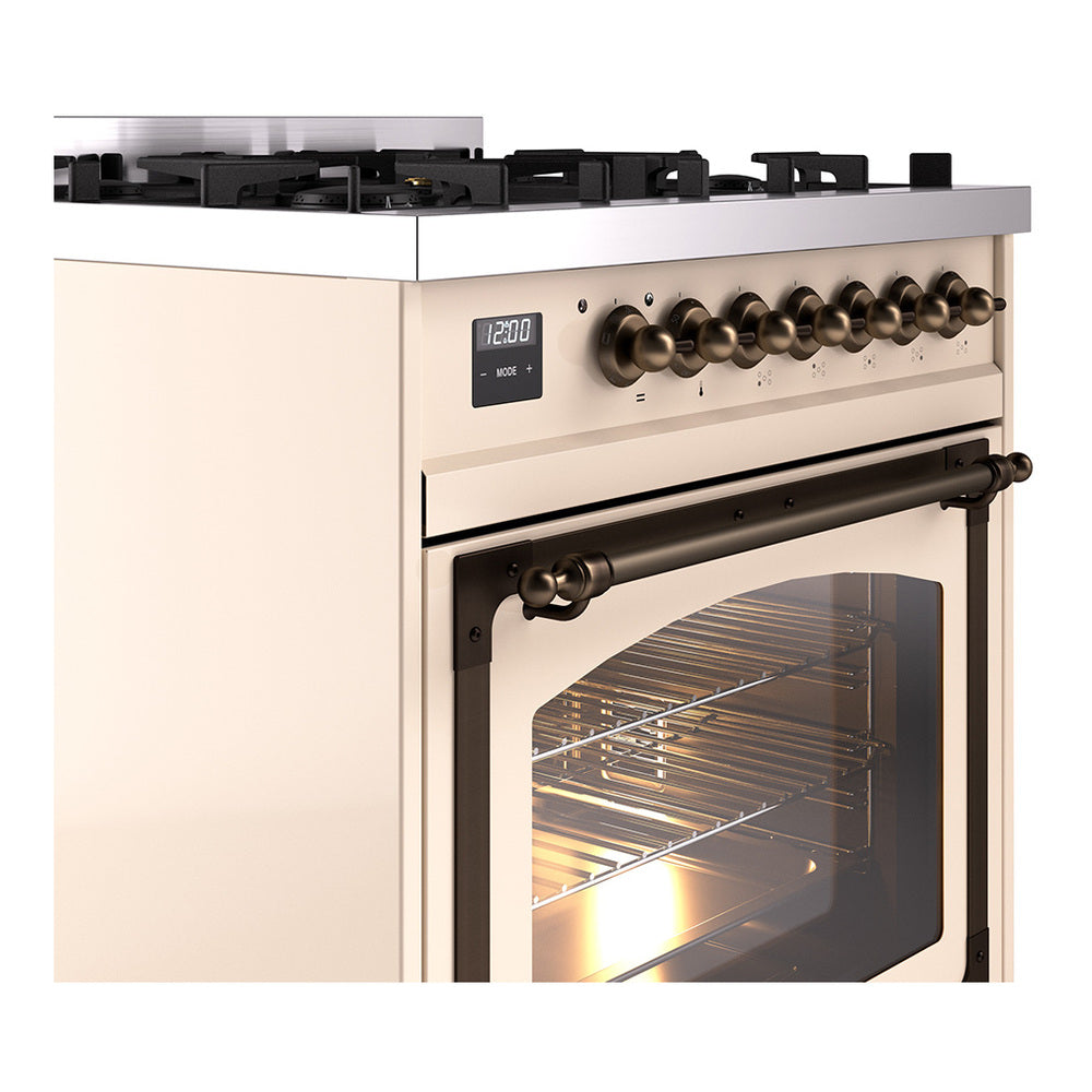 Antique white dual fuel range with bronze knob control panel and oven door open