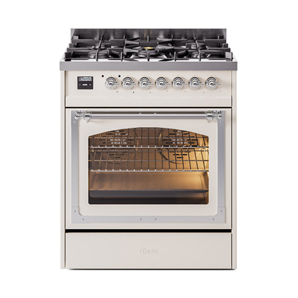 Antique white dual fuel range with triple glass oven door and six gas burners