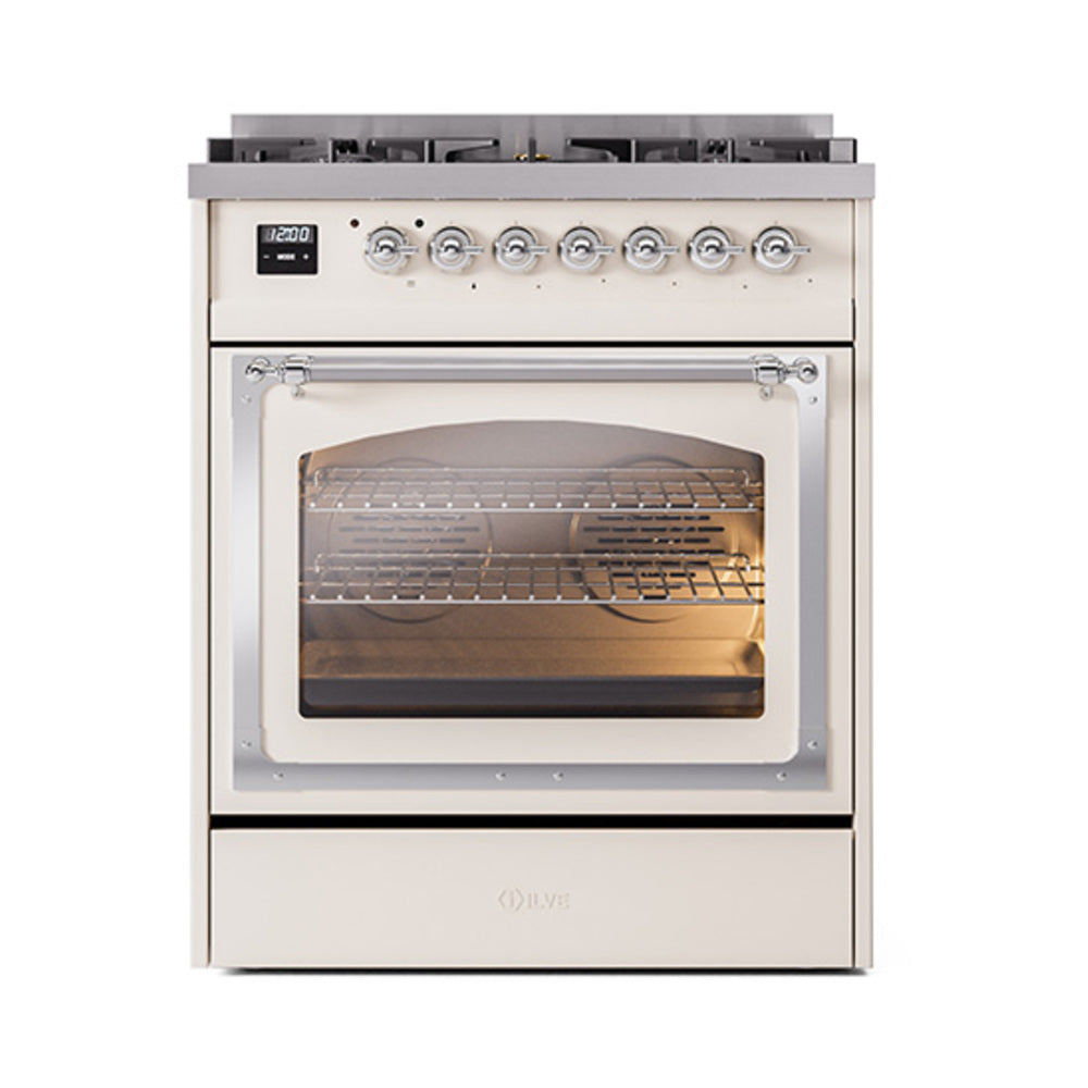Antique white dual fuel range showing oven interior through triple glass door