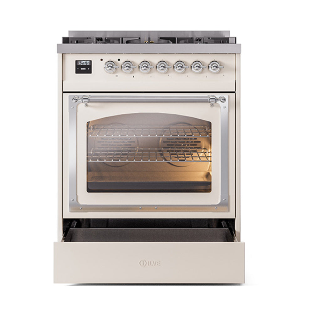 Antique white dual fuel range with oven door open, rack interior visible