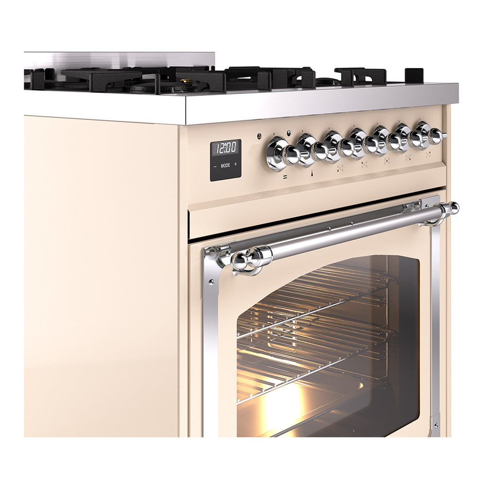 Antique white cooktop with round chrome burner knobs and large chrome control panel