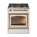 ILVE Nostalgie II Noblesse 30-Inch Natural Gas Dual Fuel Range with Triple Glass Door in Antique White with Brass Trim (UN30NMPAWG)
