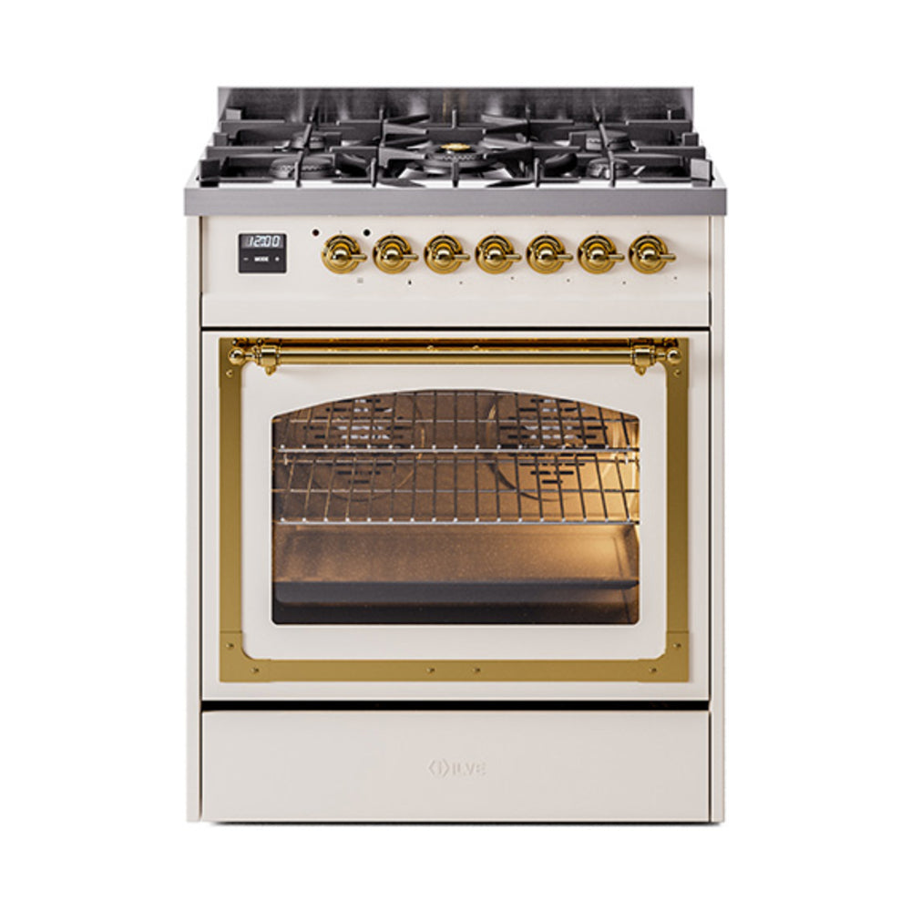 Antique white dual fuel range with brass-trimmed triple glass oven door and gas burners