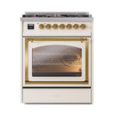 ILVE Nostalgie II Noblesse 30-Inch Natural Gas Dual Fuel Range with Triple Glass Door in Antique White with Brass Trim (UN30NMPAWG)