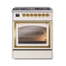 ILVE Nostalgie II Noblesse 30-Inch Propane Gas Dual Fuel Range with Triple Glass Door in Antique White with Brass Trim (UN30NMPAWGLP)