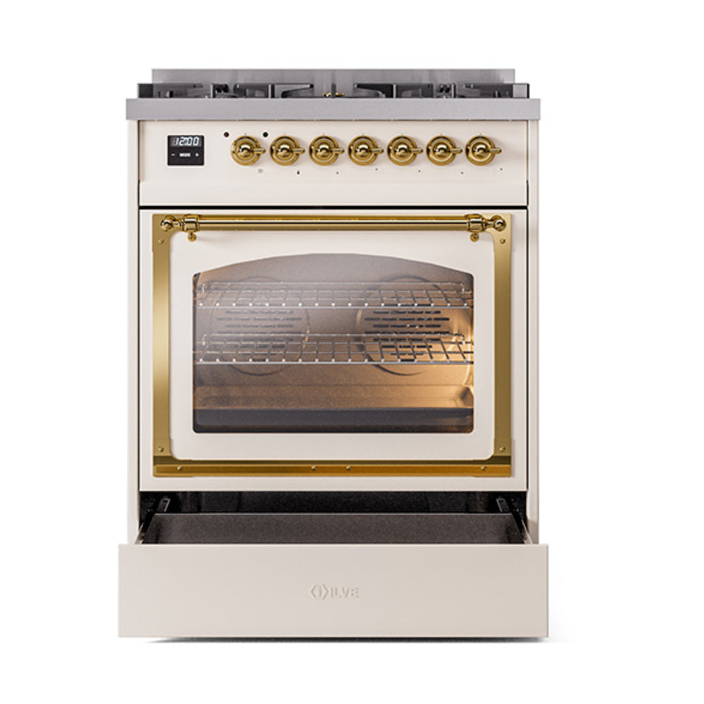 Antique white range with brass trim; oven door open showing racks through glass