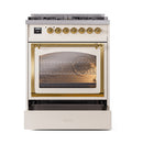 ILVE Nostalgie II Noblesse 30-Inch Natural Gas Dual Fuel Range with Triple Glass Door in Antique White with Brass Trim (UN30NMPAWG)