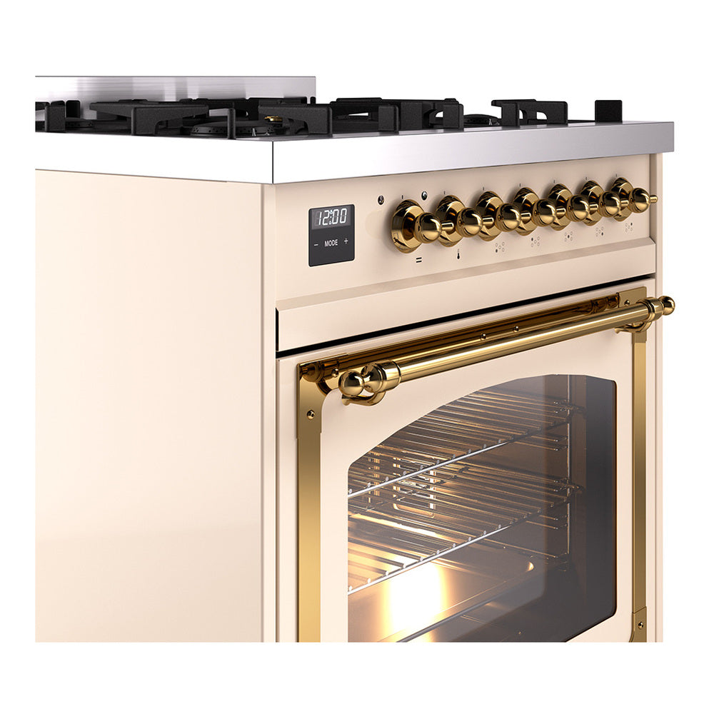 Antique white range front with brass oven handle, control panel, and gas burners