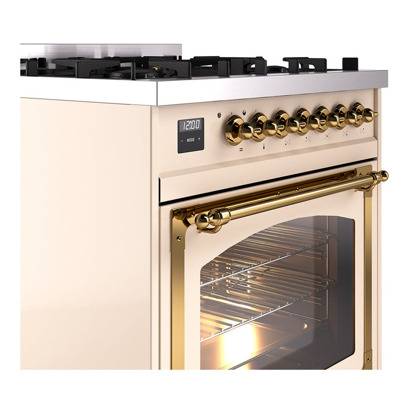 ILVE Nostalgie II Noblesse 30-Inch Dual Fuel Range with Triple Glass Door in Antique White with Brass Trim (UN30NMPAWG)
