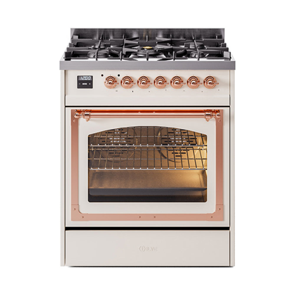 Antique white dual-fuel gas range with triple glass oven door and copper trim