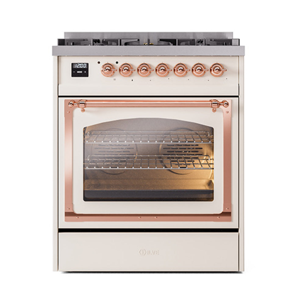 Antique white dual-fuel gas range with front control knobs and open triple glass oven