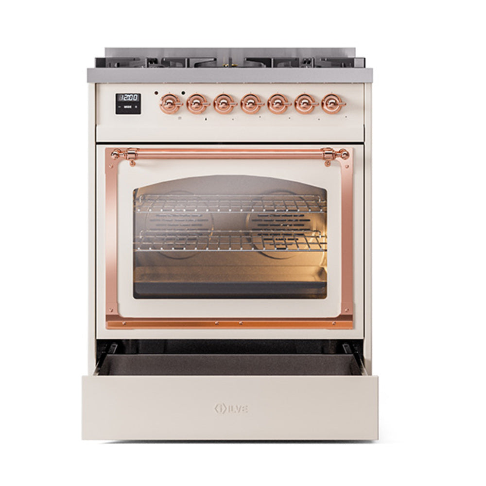 Antique white dual-fuel gas range with open oven door and front control knob row
