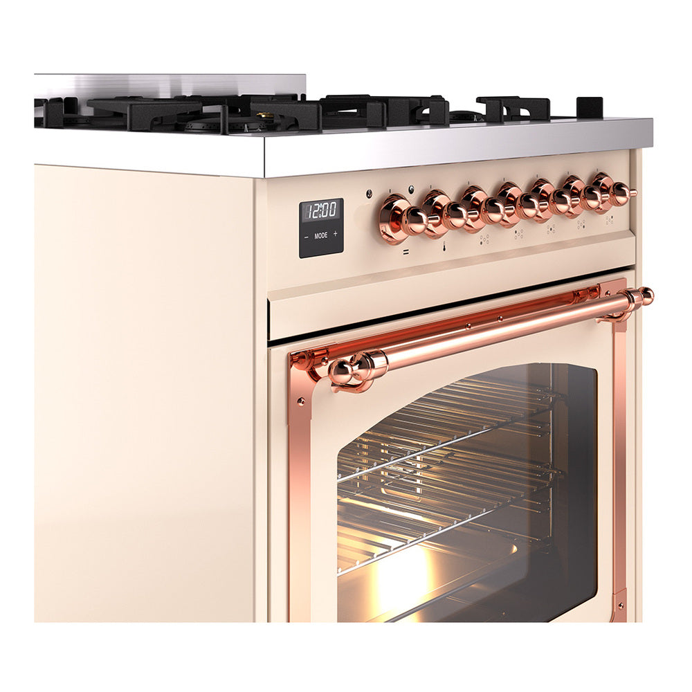 Antique white dual-fuel range with copper trim, open oven door, control knobs and burners