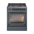 ILVE Nostalgie II Noblesse 30-Inch Natural Gas Dual Fuel Range with Triple Glass Door in Blue Grey with Burnished Bronze Trim (UN30NMPBGB)