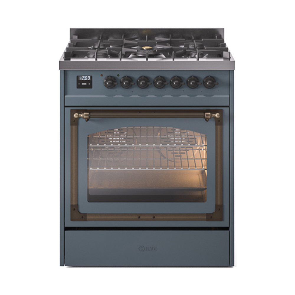 Blue-grey dual fuel range with triple-glass oven door and bronze-trim handles