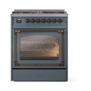 ILVE Nostalgie II Noblesse 30-Inch Natural Gas Dual Fuel Range with Triple Glass Door in Blue Grey with Bronze Trim (UN30NMPBGB)