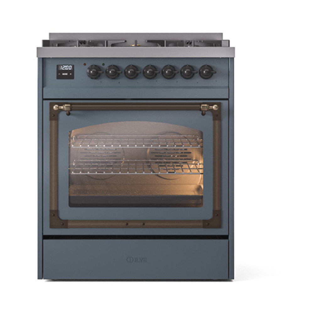 Blue-grey dual fuel range with open triple-glass oven door showing broil rack