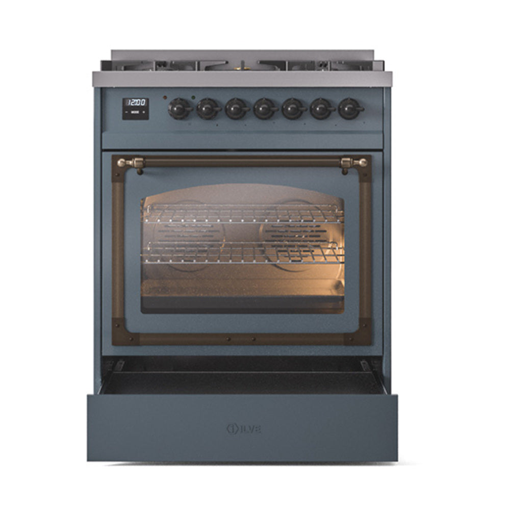 Blue-grey dual fuel range with closed triple-glass oven door and control knobs