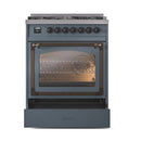 ILVE Nostalgie II Noblesse 30-Inch Propane Gas Dual Fuel Range with Triple Glass Door in Blue Grey with Bronze Trim (UN30NMPBGBLP)