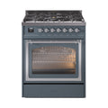 ILVE Nostalgie II Noblesse 30-Inch Natural Gas Dual Fuel Range with Triple Glass Door in Blue Grey with Chrome Trim (UN30NMPBGC)