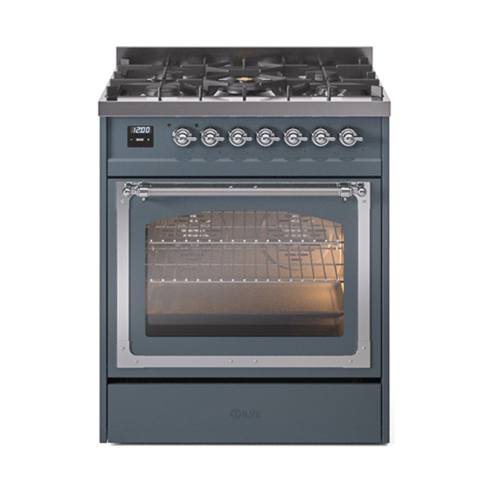 Blue-grey dual-fuel range with triple glass oven door and chrome control panel