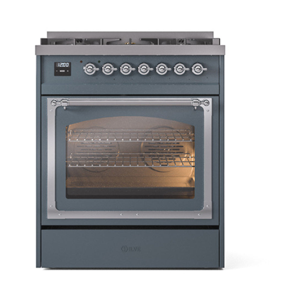 Blue-grey dual-fuel range with lit triple-glass oven door and chrome knobs